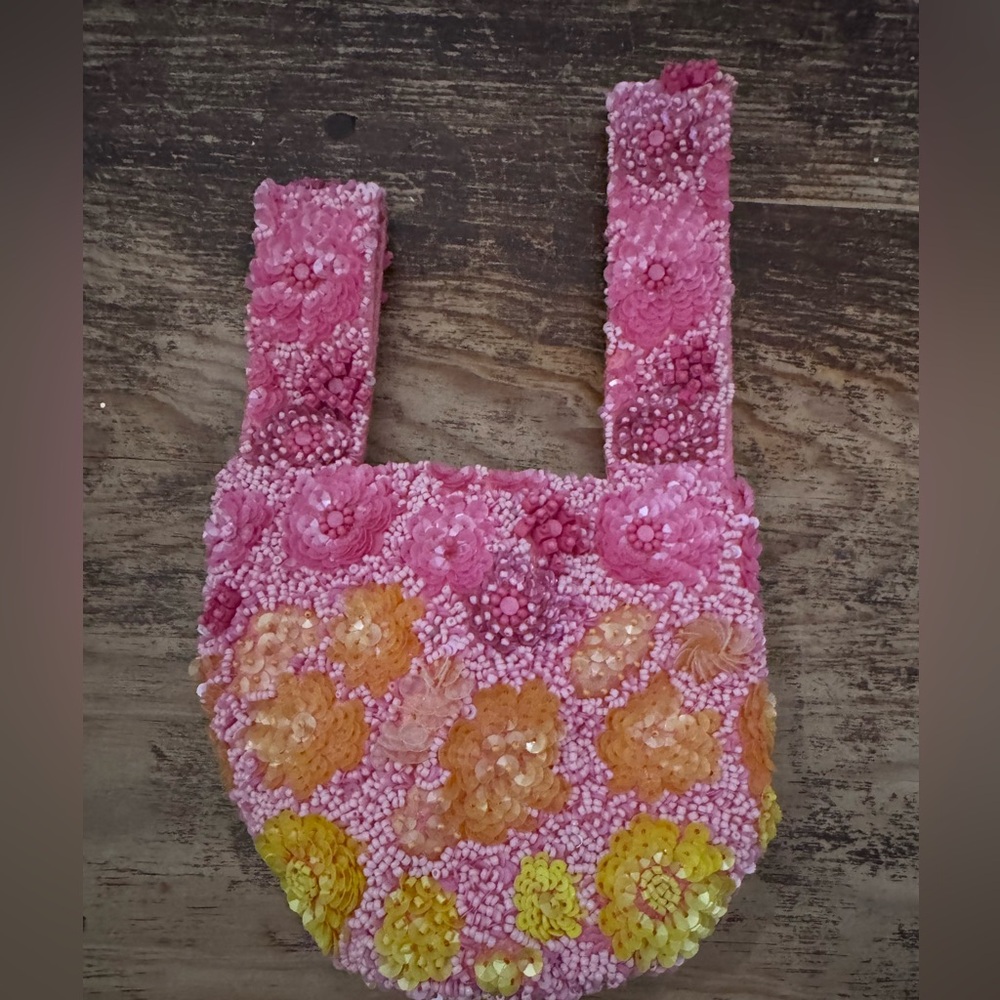 Floral Beaded Pink and Yellow Handbag